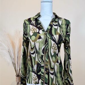 Y2K Vintage 2000s Green Paisley Button-Up Women's Top 3/4 Sleeve Sz S